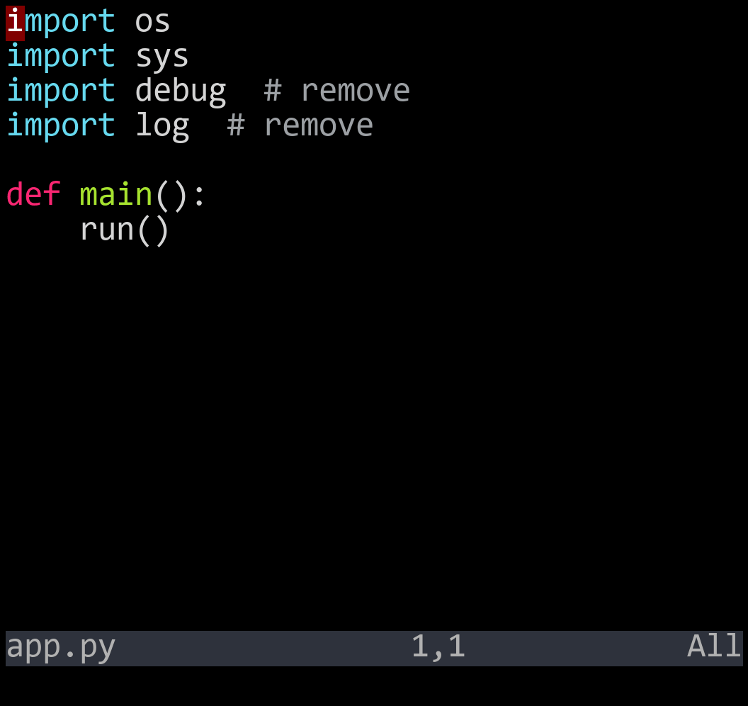 After pressing dd — the entire first line is deleted